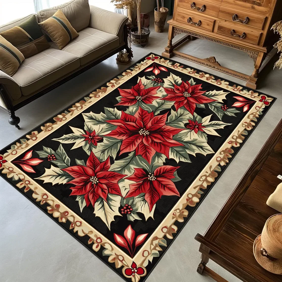 Teppiche mit Weihnachtsstern und Blumenmuster, rutschfester, waschbarer Teppich für Schlafzimmer, Wohnzimmer, Teppich, Urlaubsdekoration, Bodenmatte