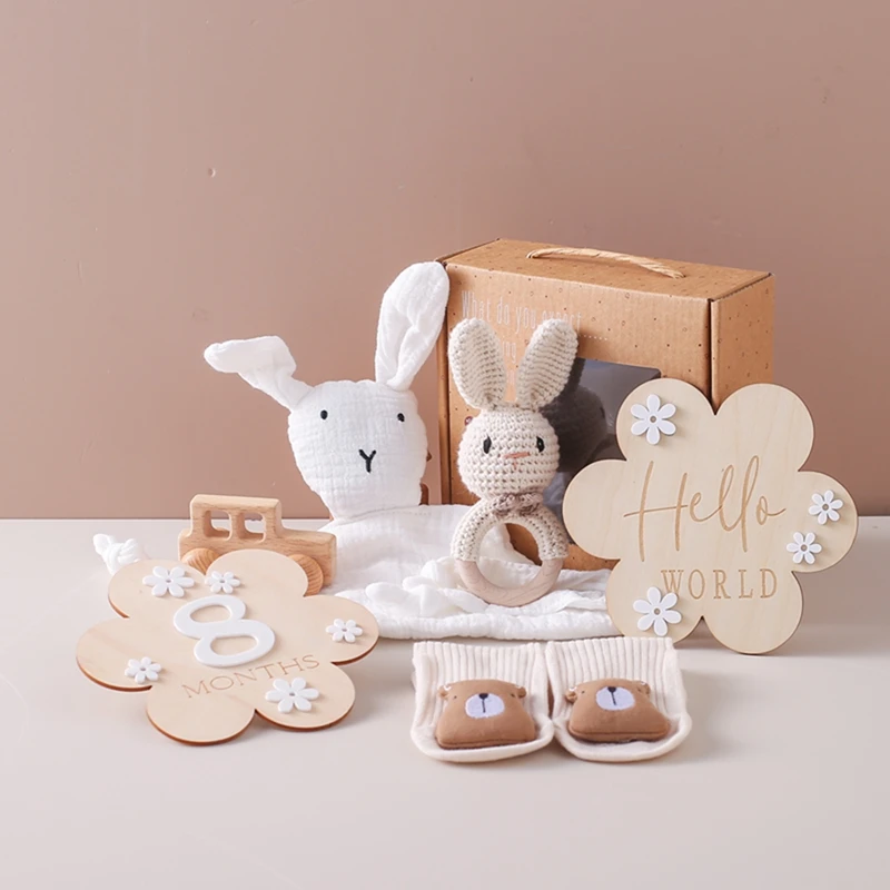 

6pc/Set Infant Shower Gifts Set Bunny Crochet Rattle Towel for Babies 0 to 3 Months Toys Baby Birth Wooden Milestone Card Gift