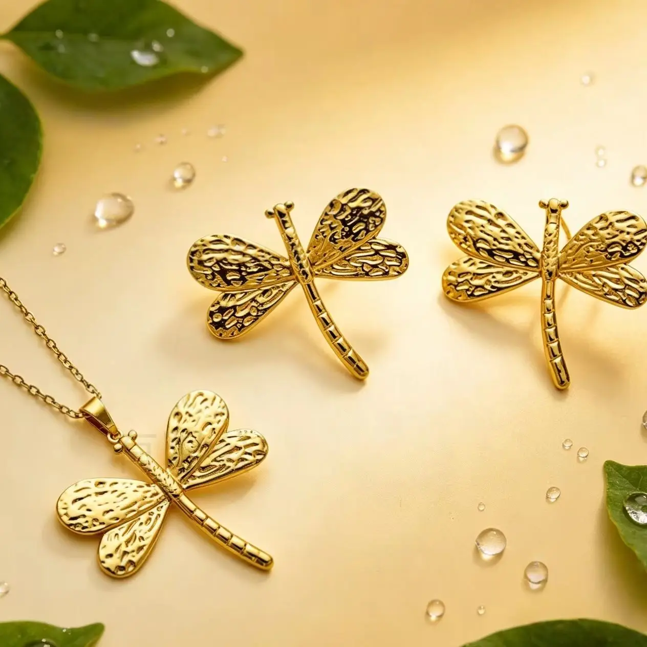 1Set Nature Style 3D Embossed Dragonfly 2Pcs Jewelry Set Hypoallergenic Insect Necklace Earrings For Travel Outfit