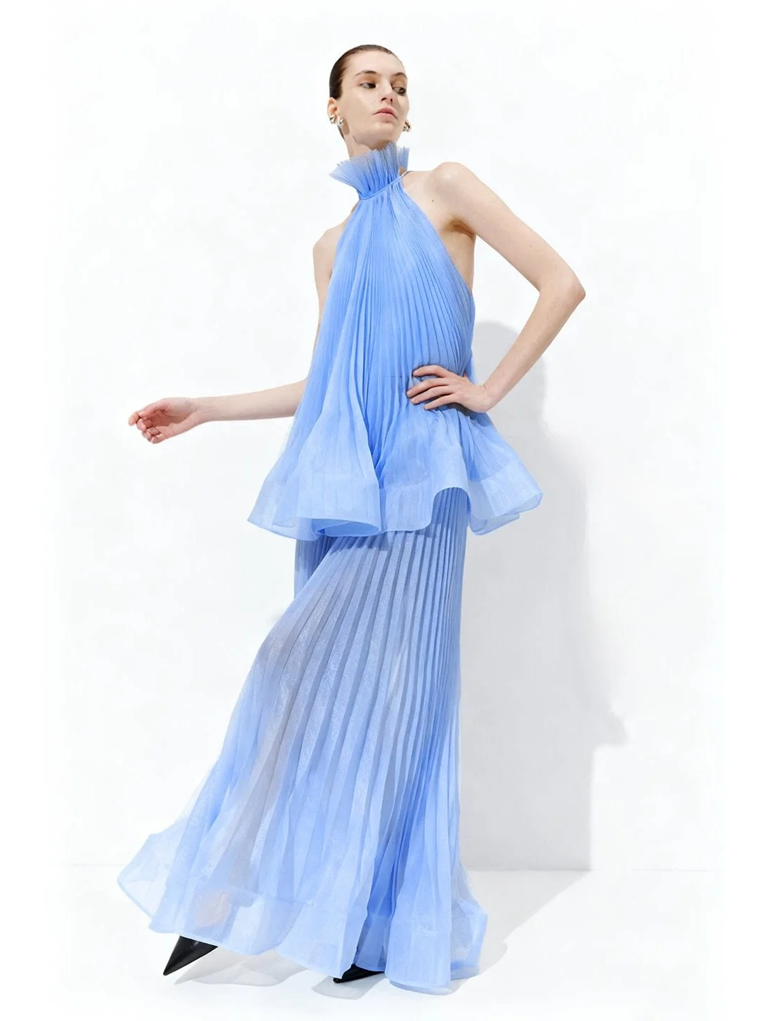 Blue  Spring Summer Women's Dress Neck Hanging Sleeveless Hem Skirt Beach Holiday Style Standard Fit A-Line Midi Dress