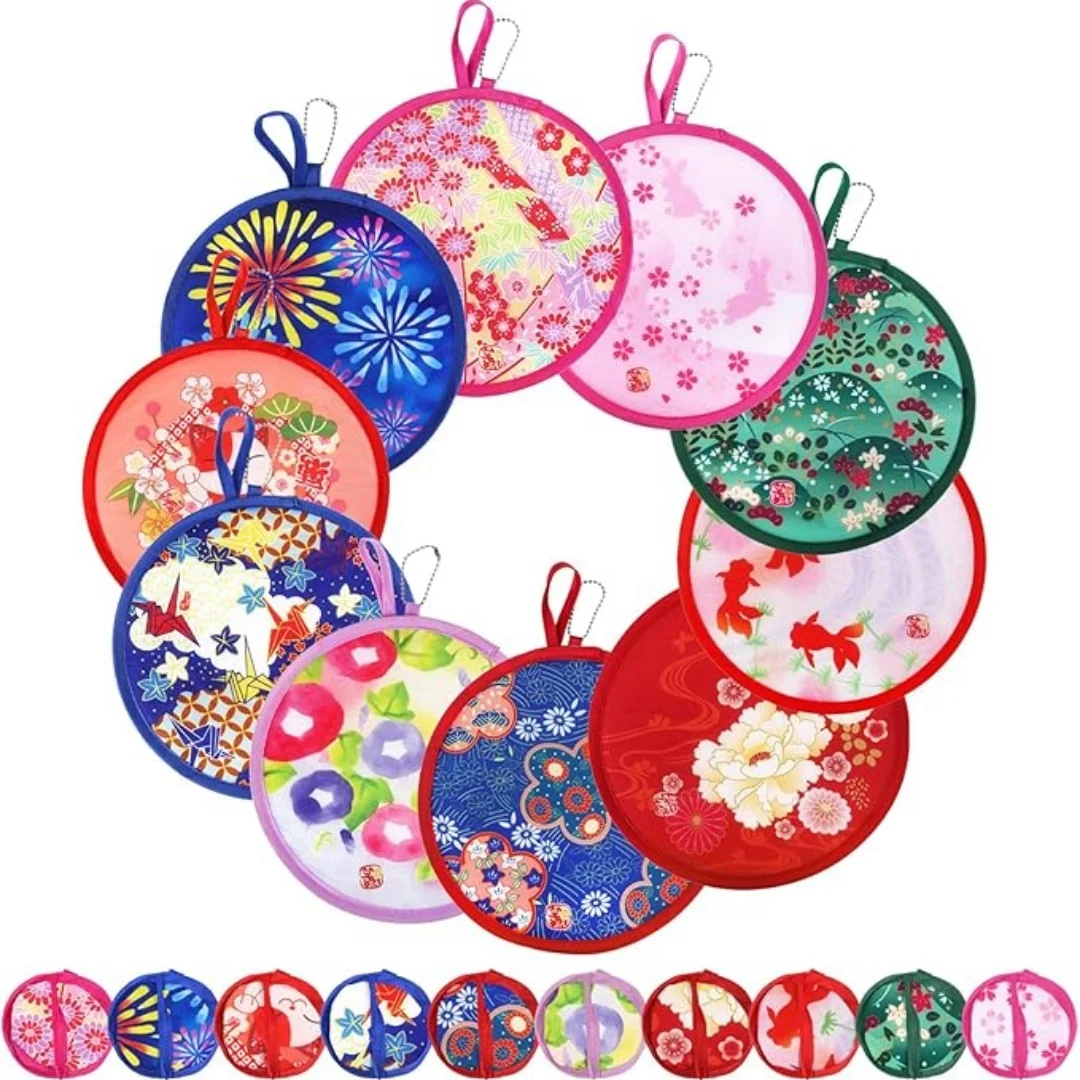 10 Stile japanischer faltbarer Ventilator, Sommer-Handventilatoren, tragbarer runder Faltventilator, Taschen-Frisbee-Ventilator für Hochzeitsfeiern