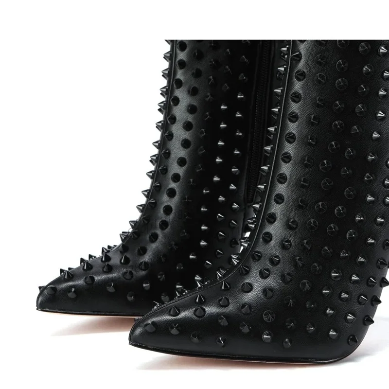 Thigh Heel Black Rivet Decor Boots Stilettos High Heel Women Shoes Side Zipper Pointed Toe 2023 Fashionable Zapatos Para Mujere