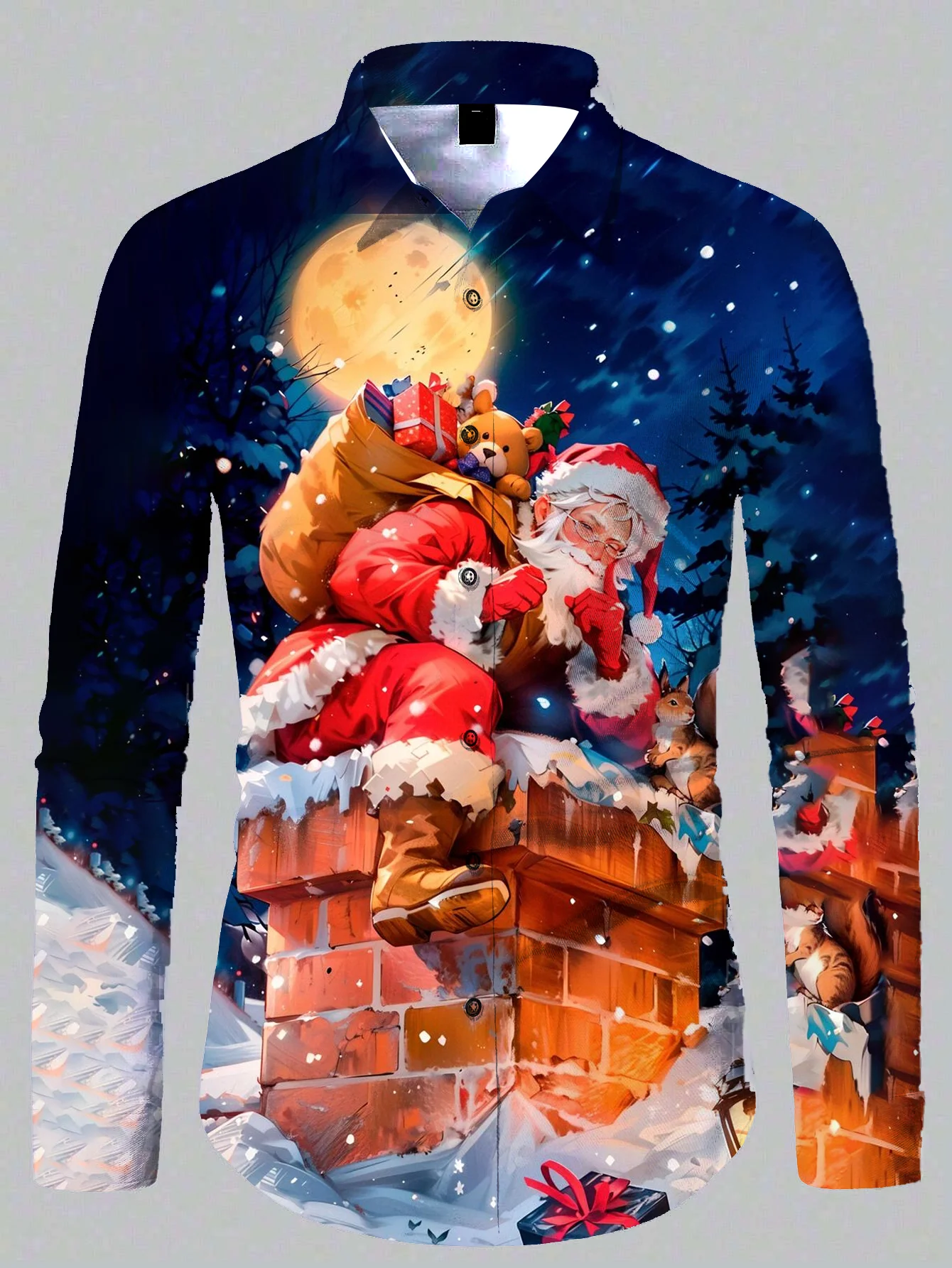 

Men's long-sleeved shirt casual fashion Santa Claus printed shirt 3d design men's lapel shirt long-sleeved New Year gift top