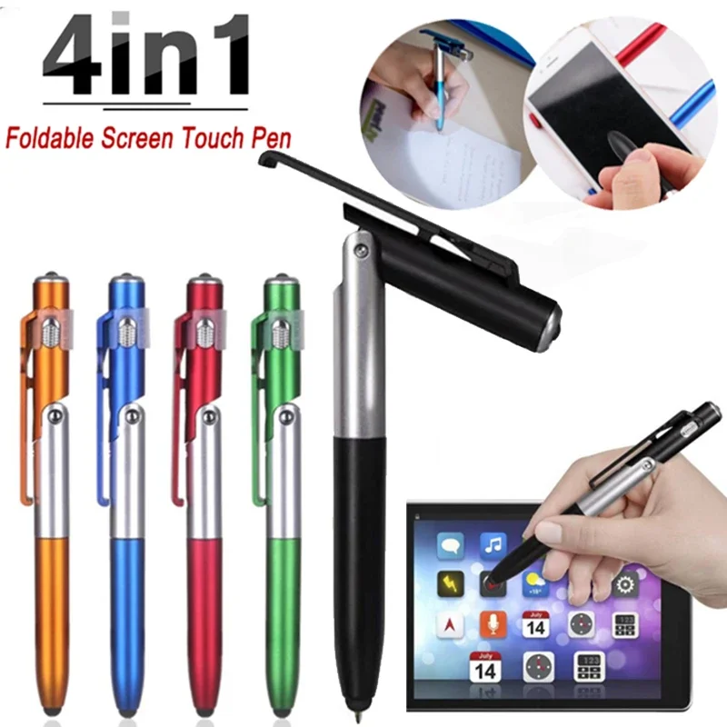 4 IN 1 Touch Pen Ballpoint Pens with LED Light Folding Stand for Phone Holder Night Reading Stationery Pen for Office School