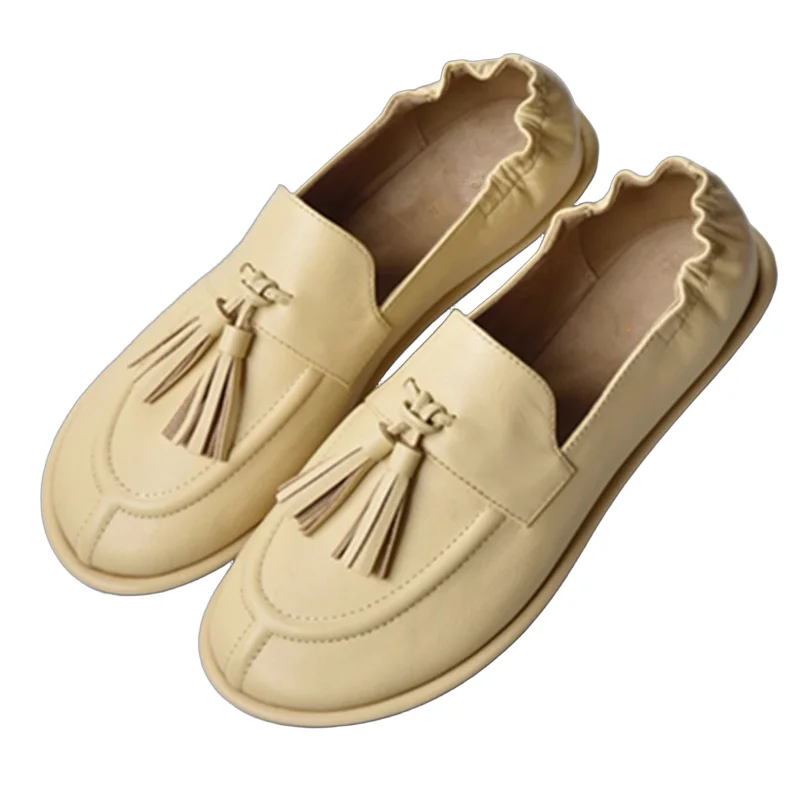

Withered 2026 Summer French Lazy Cowhide High Quality Loafers Minimalist Retro Tassel Decoration Soft And Comfortable Flat Shoes