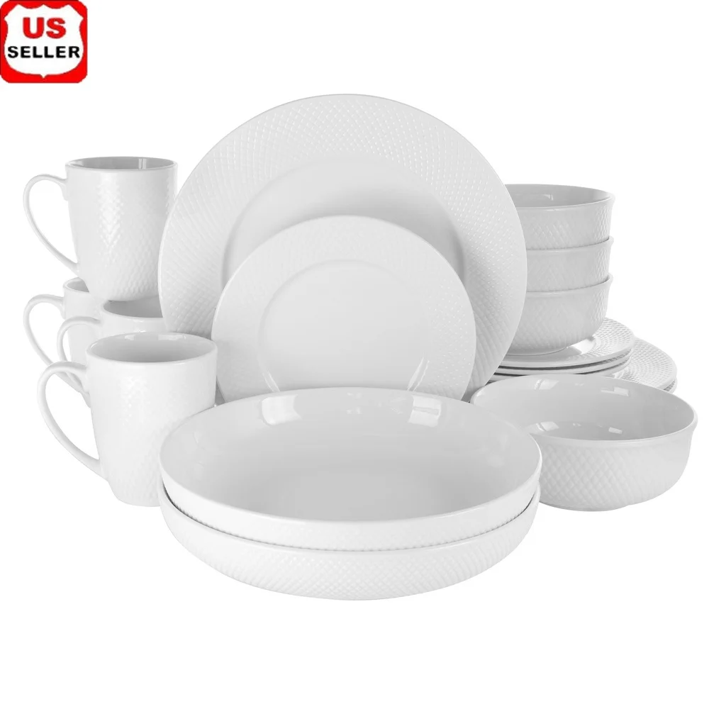 

18 Piece Round Porcelain Dinnerware Set Dishwasher Microwave Safe Elegant Textured Design Durable Heat Retaining Ideal Meals