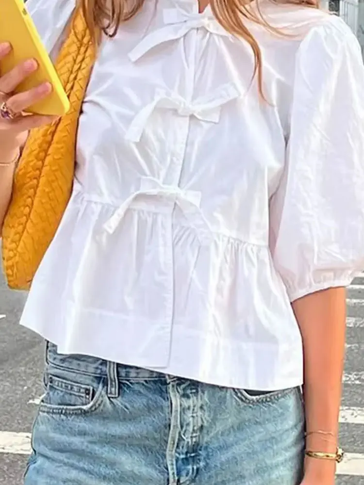 HH 2024 Summer Trendy Causal Solid Color Shirts Round Neck Short Puff Sleeves Hollow Out Lace Up Elegant Tops Chic Blouse