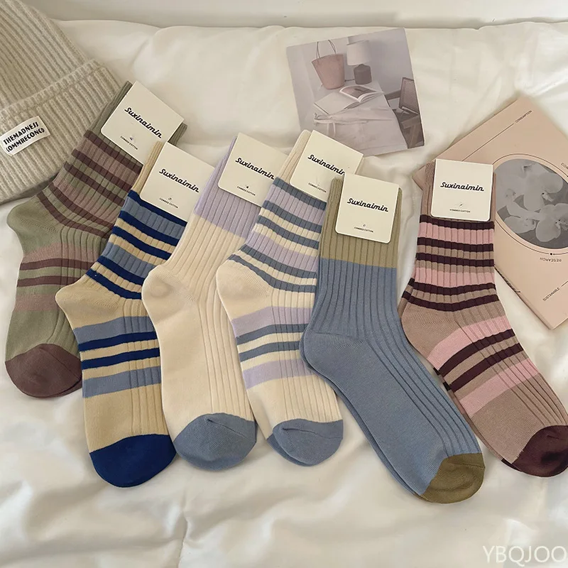 6 Pairs of Spring and Autumn Fashion New Retro Striped Women's Pile Socks Elastic Breathable Color Blocked Midsole Socks 2025