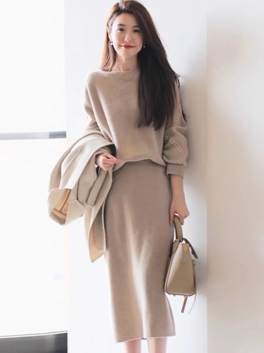 Korean 2pcs Suits Women Autumn Winter Loose Sweater+Elastic Waist Skirt Ladies Basics Knitting Two Pieces Sets