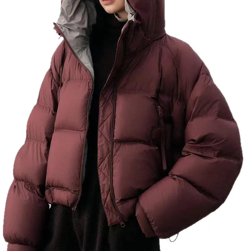高品質レディースショートダウンジャケット無地90ダックダウンウエストルーズフード付きダウンコート女性用秋冬新作2025