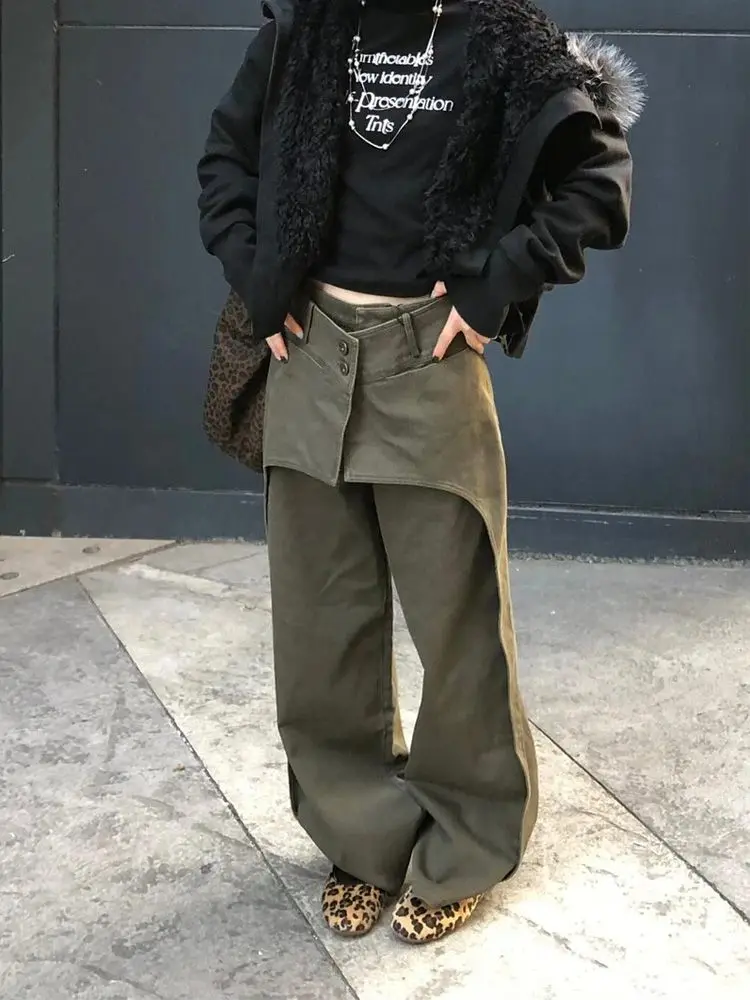 

Deeptown Green Fake Two-Piece Cargo Jeans Women Wide Leg High Waist Denim Trousers American Vintage Oversized Pants Streetwear