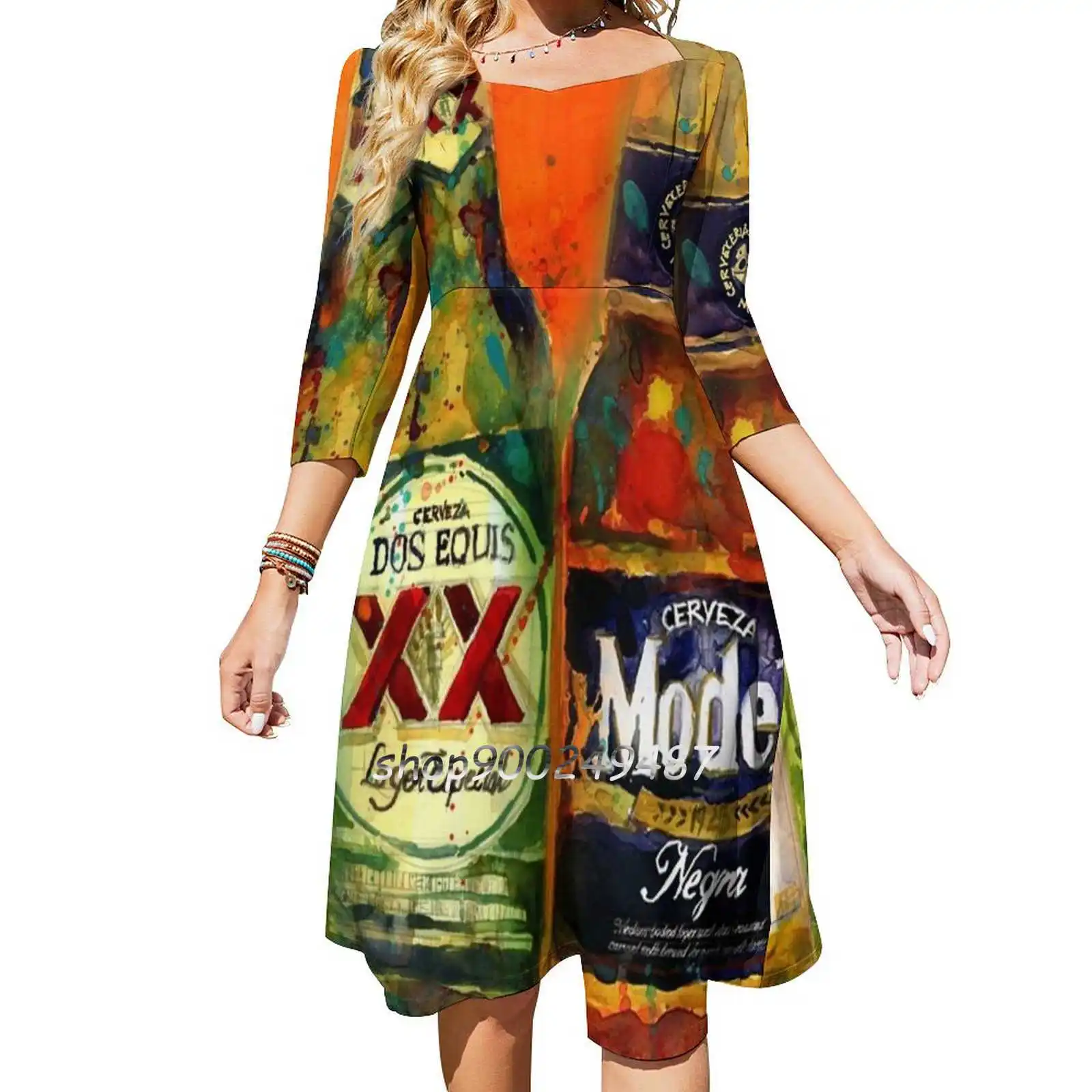 Mexican Beers-Bright Colors-Bar Deco Sweetheart Knot Flared Dress Fashion Design Large Size Loose Dress Beer Beer Art Beer