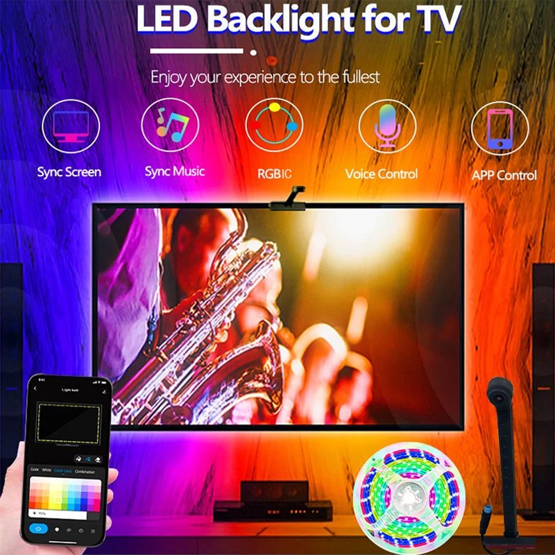 الكمبيوتر/التلفزيون مزامنة الخلفية RGBIC LED قطاع أضواء مع لون التقاط الاستشعار بلوتوث الموسيقى مزامنة USB شرائط مصباح لجو اللعبة