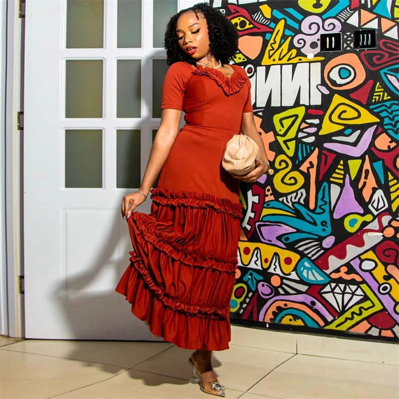 Boho Ruffle 롱 드레스 여성 가을 ​​솔리드 컬러 케이크 계층화 된 맥시 드레스 캐주얼 우아한 빈티지 스타일 가볍고 편안한