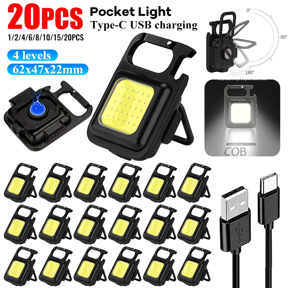 20PCS Mini Pocket Torch LED Flashlight Portable Keychain Work Light USB Charging Waterproof For Outdoor Walking Camping Lighting