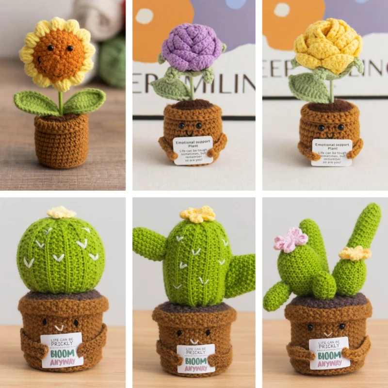 تشطيب صغير الكروشيه الورود عباد الشمس الصبار بوعاء النباتات المحشوة ديكور المنزل السيارة الداخلي عيد الحب عيد الميلاد هدية التخرج