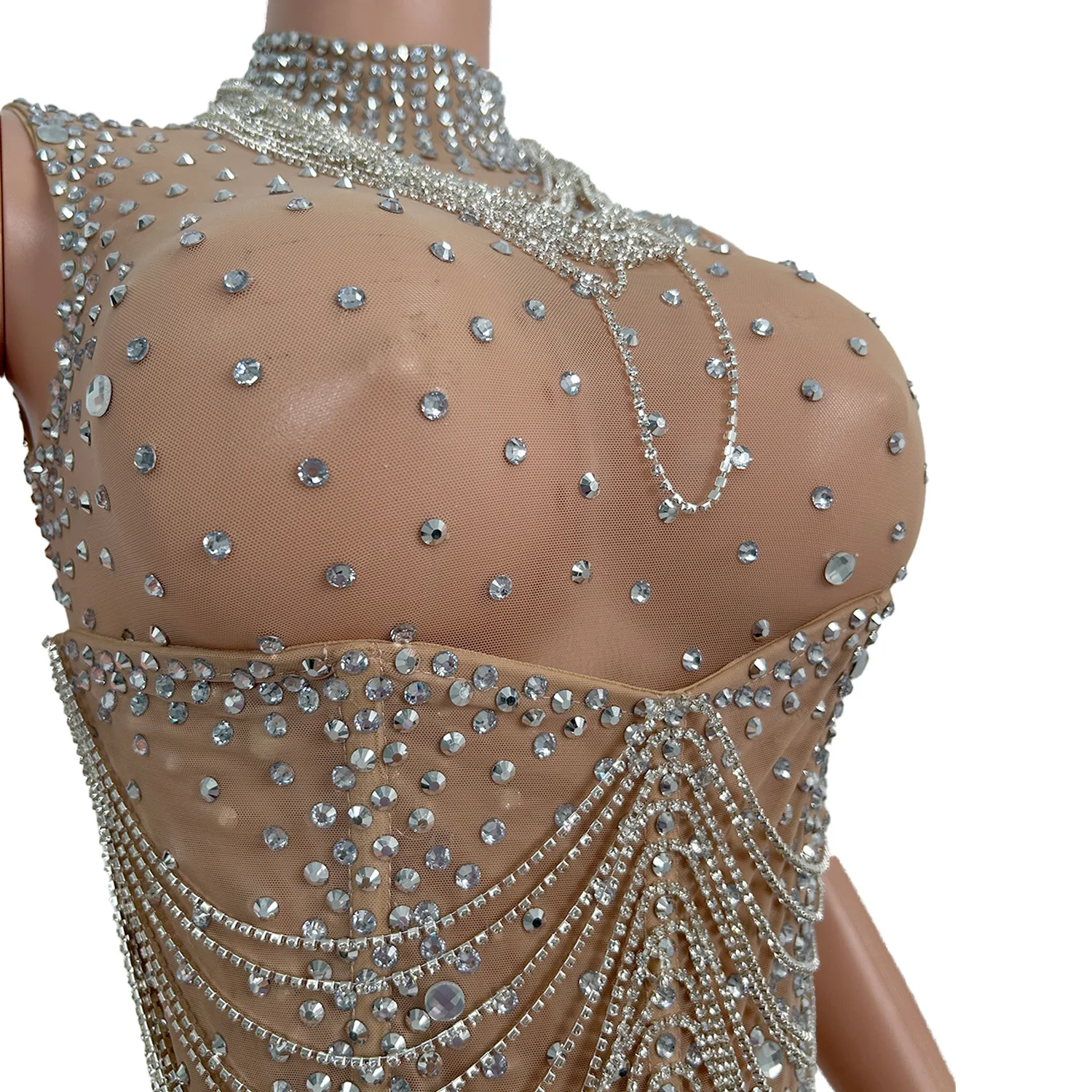 Fengshenku Sleeveless Jumpsuit Skin Tone Mesh Transparent Tight Pants Luxury Light Bar Dancers Celebrity Performance Costume