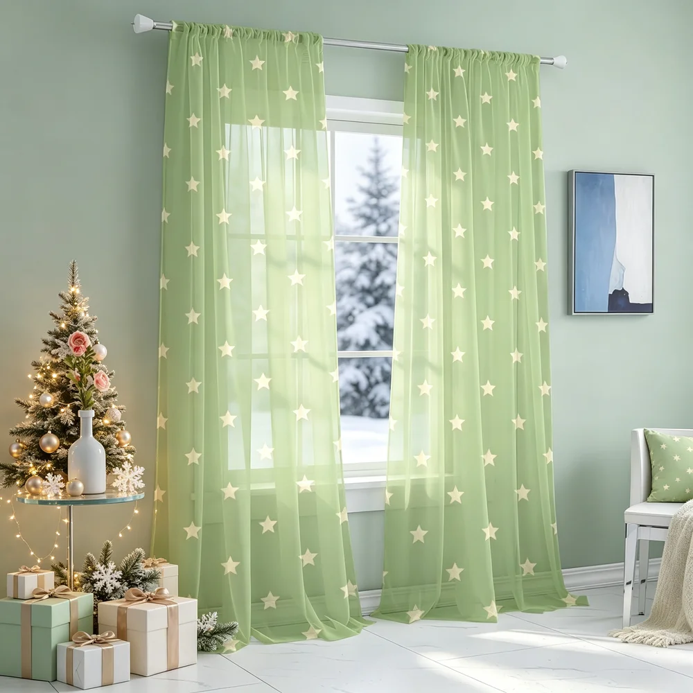 2PCS Sheer Curtains, Light Green White Stars Print, Bedroom Living Room Window Drapes, Rod Pocket Polyester, Home Decor
