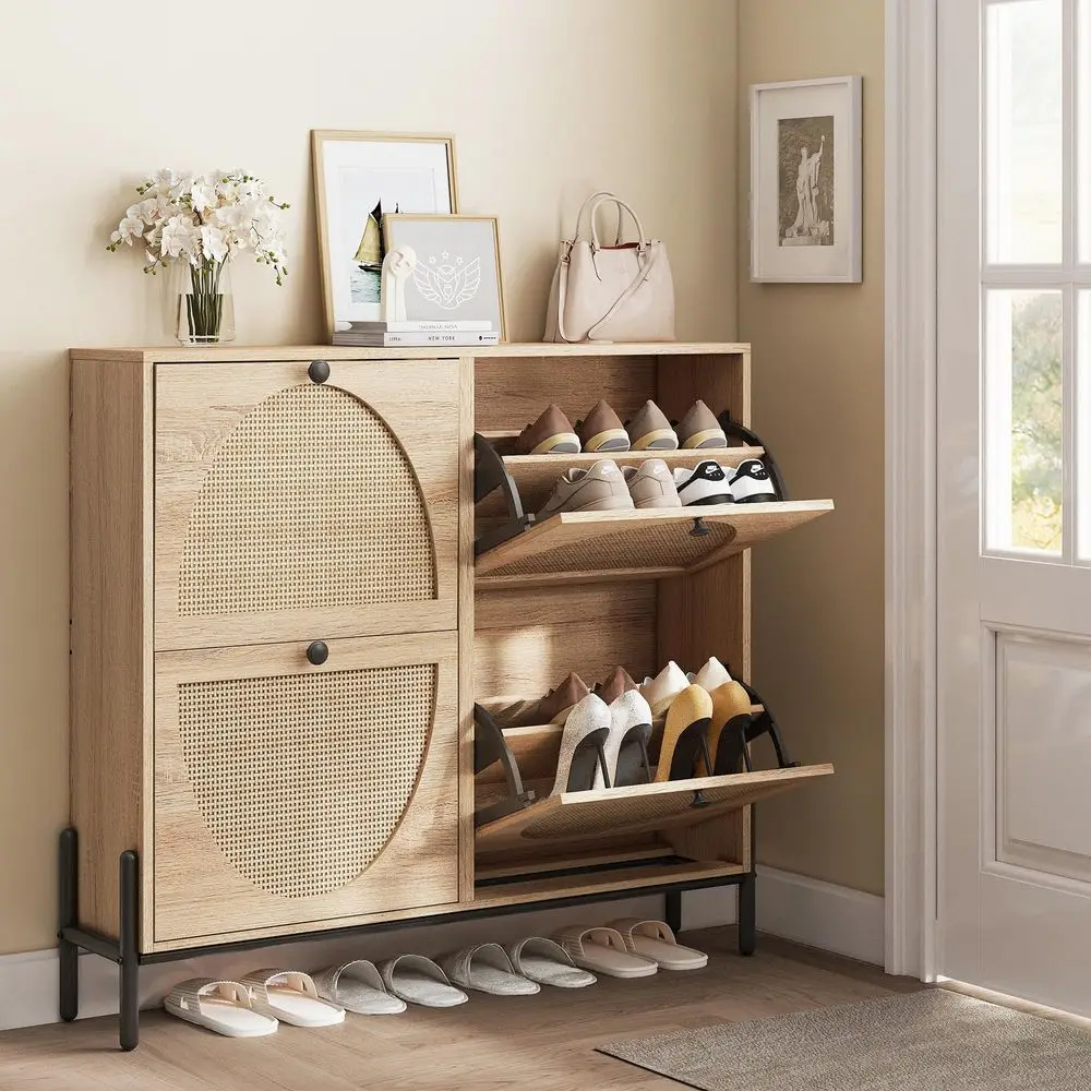 

Rattan Shoe Cabinet Storage with 4 Flip Drawers, Freestanding Shoe Storage Organizer Cabinet for Entryway, Narrow Shoe Rack Cab