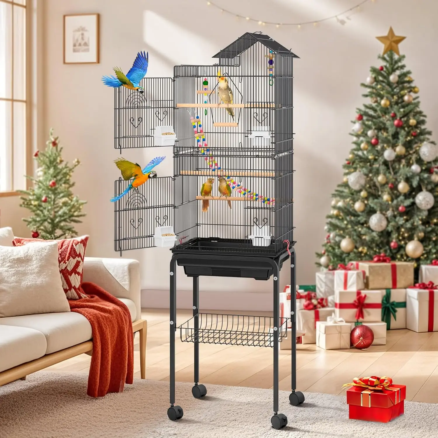 

62-inch Metal Bird Cage for Cockatiels Parrots Pigeons Lovebirds with Roof Access and Rolling Stand