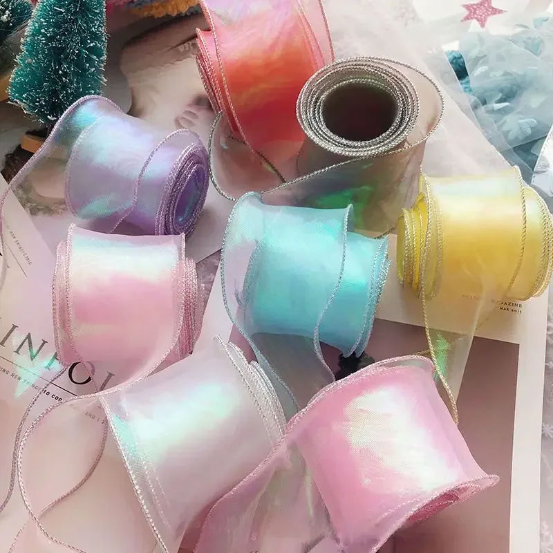 Fantasy Fish Tail Yarn Flower Art Packaging Gift Box Decorative Aurora Colorful Ribbon, DIY Apparel Sewing Supplies, 4cm * 9m