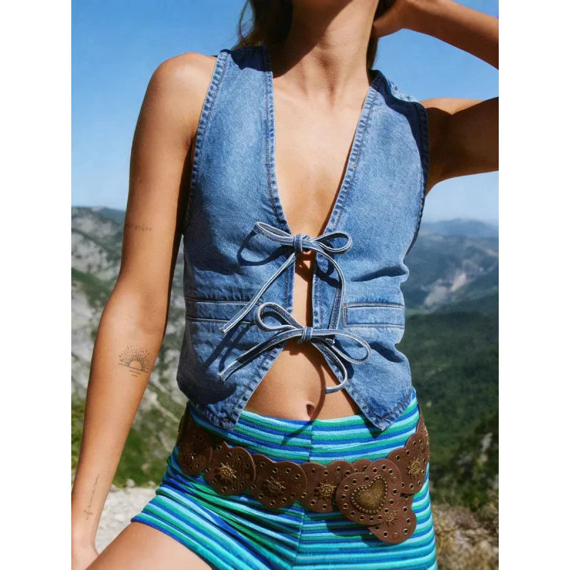 Women's Sleeveless Lace-Up Denim Vest 2026 New Personalized Spicy Girl Fashion Trendy Top for Ladies