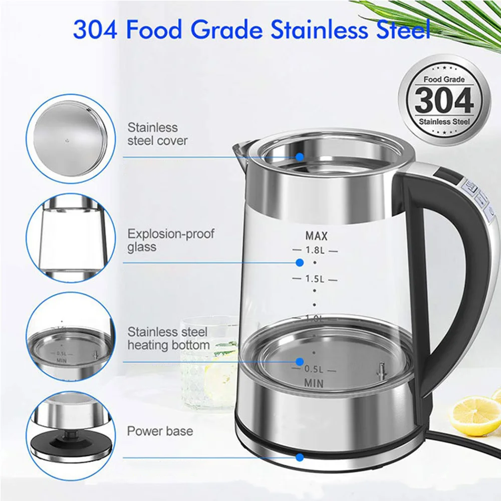 1800W 1.8L Electric Kettle Tea Pot Portable Glass Stainless Steel Water Boiler Fast Heating Teapot 220V Home Appliance 전기포트 주전자