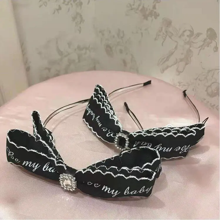 Exquisite Lady's Hair Ornament Handmade Headband With Unique Large Bow Rhinestone And Wave Ribbon Lettering Hair Band