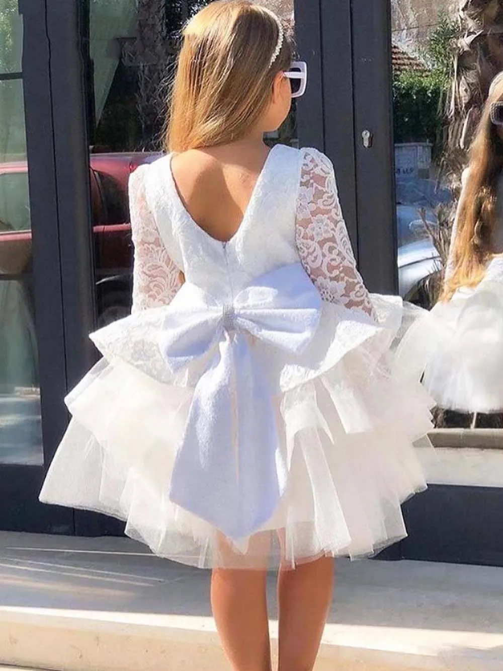 Abiti da ragazza di fiori in pizzo avorio per matrimonio Ruffles in Tulle gonfio con fiocco lunghezza al ginocchio festa di nozze abiti da ballo di compleanno per bambini