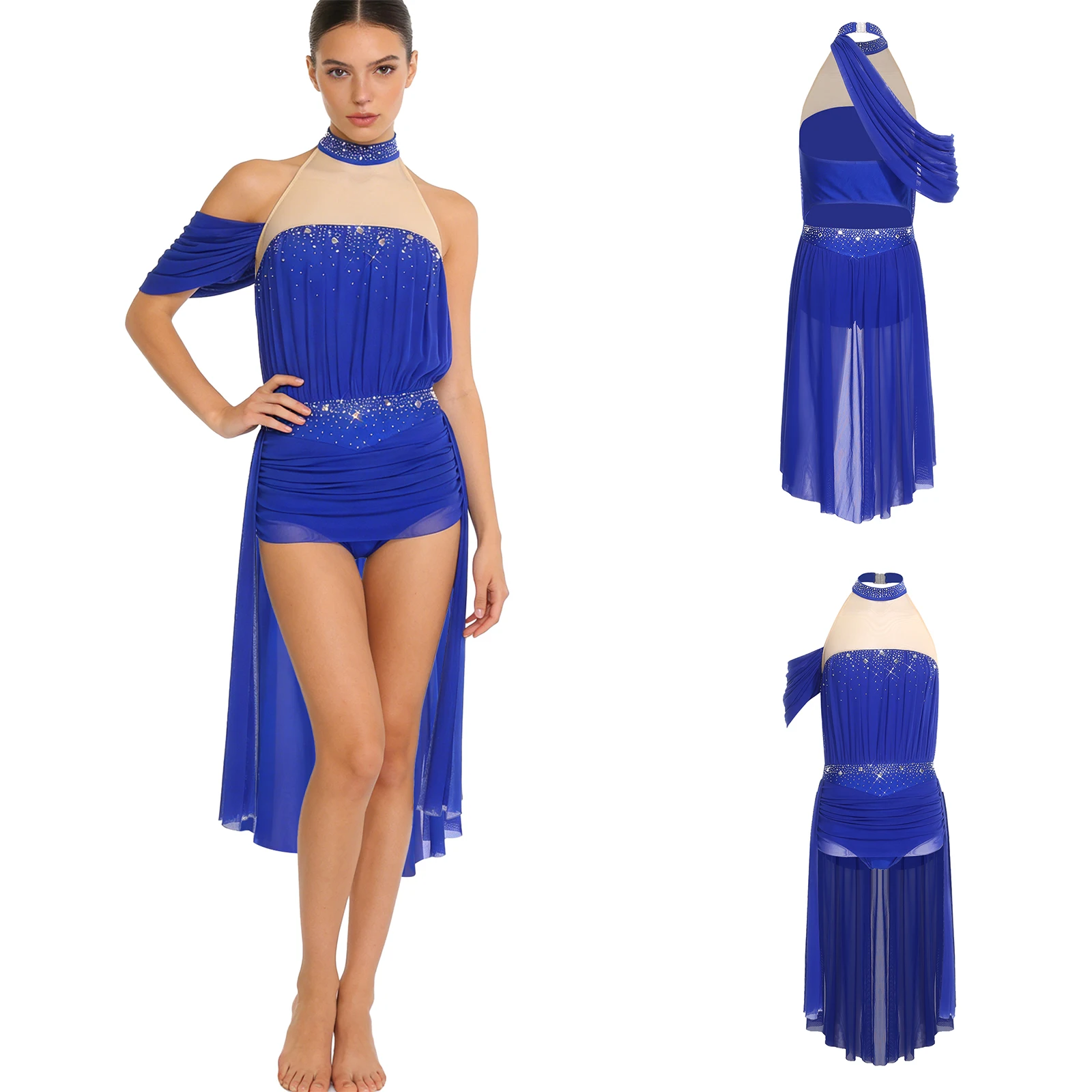 

Женское современное лирическое танцевальное платье для фигурного катания со стразами, Холтер с открытой спиной и рюшами, сетчатый художественный балетный трико, бальный костюм