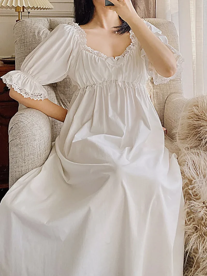 

Women Summer Princess Fairy Sweet Nightgowns Pure Cotton Lace Sexy Pajama Vintage Sleepwear Female Victorian Peignoir Nightdress