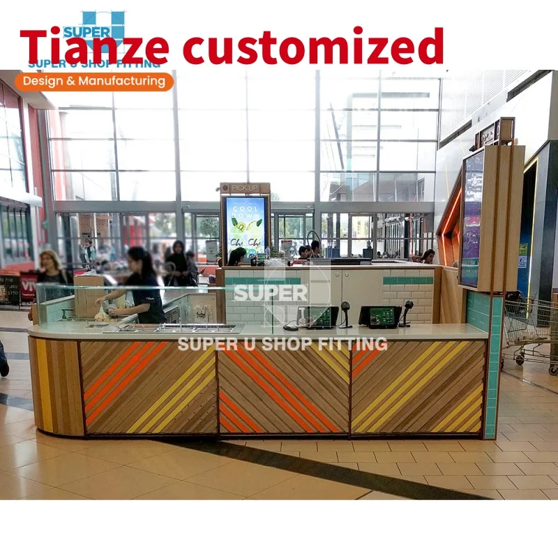 (customized)Hot Shopping Mall Boba Tea Shop Kiosk Decoration Custom Solid Wood Milk Tea Shop Counter Design Bubble Tea Kiosk Fur