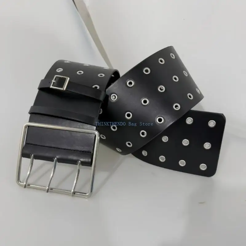 340D Punk Wide Belt with Gothic Eyelets Heavy Duty Faux Leather Unisex Fashion Accessory