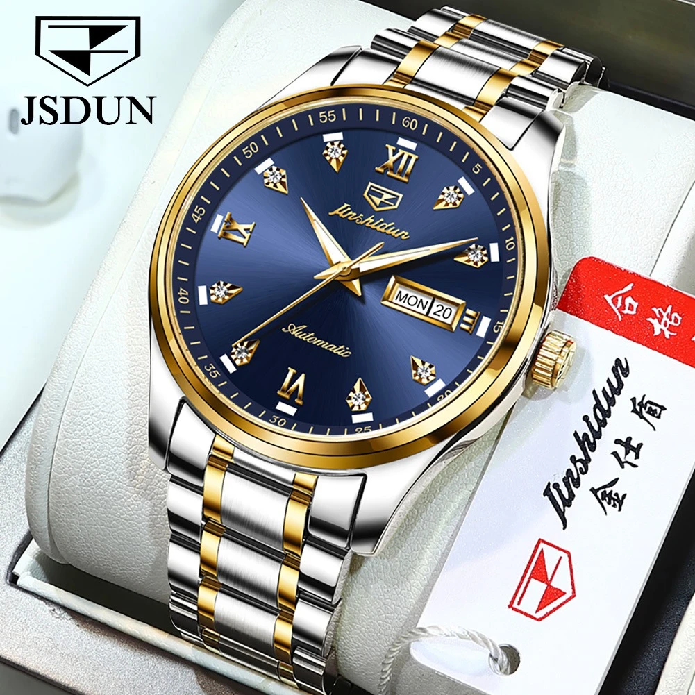 

JSDUN 8763 Mechanical Fashion Watch Gift Stainless Steel Watchband Round-dial Week Display Calendar Luminous