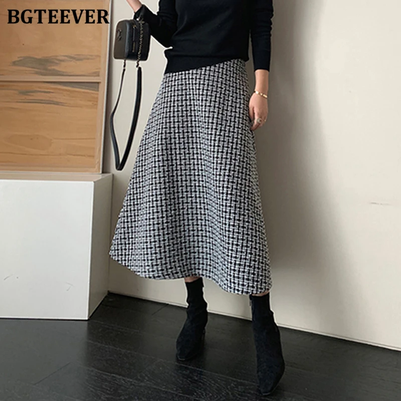 

BGTEEVER Autumn Winter Houndstooth Female Mid-Length Skirts Casual Tweed A-line Skirts for Women