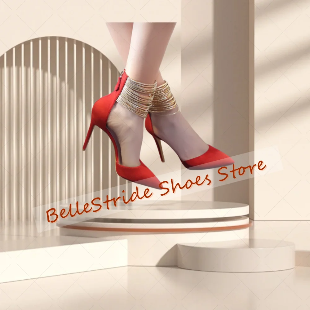 

Red Pointed ToeBack Zipper Sandals String Decor Women Shoes Stilettos High Heels Party Banquet Dating 2025 Zapatos Para Mujere