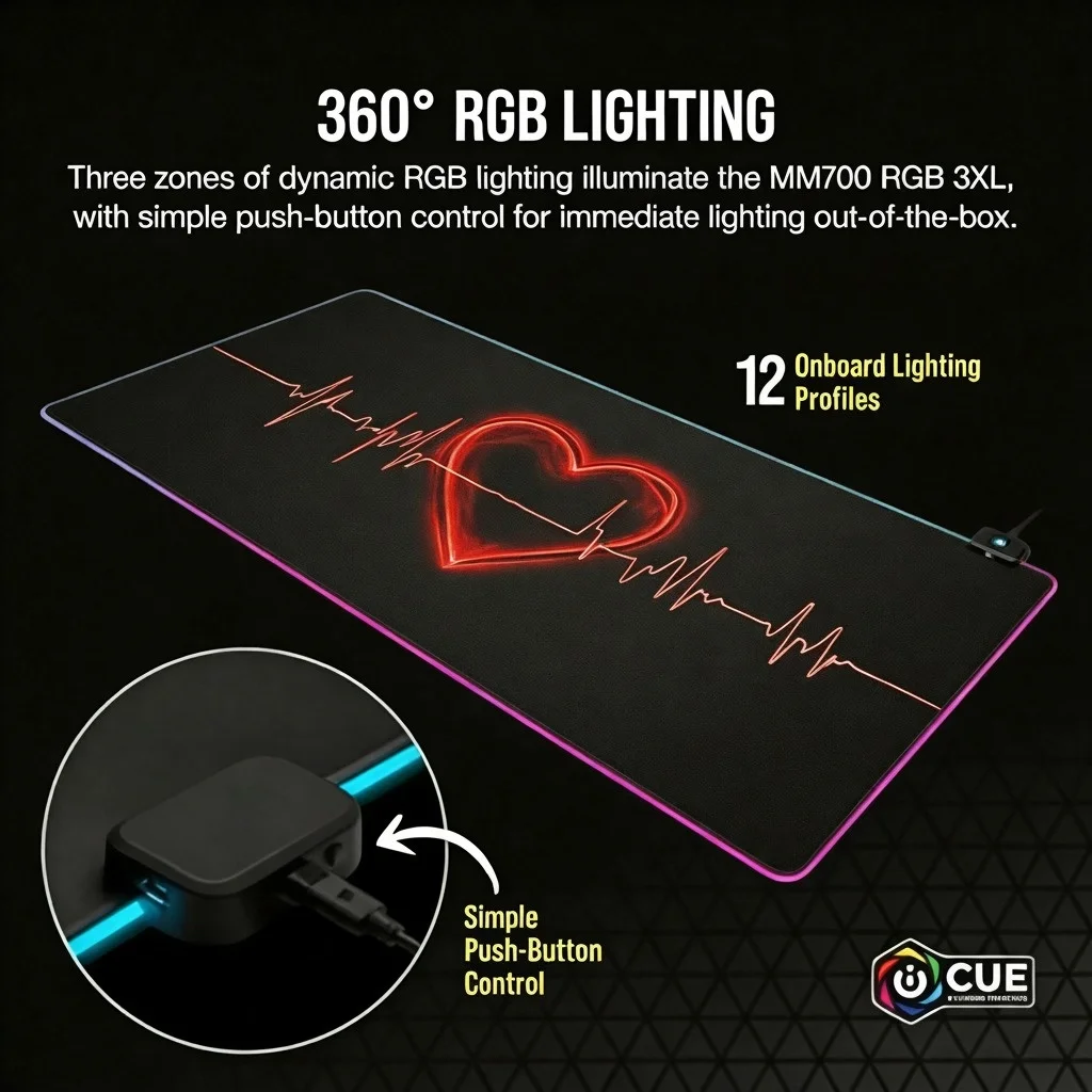 

Игровой коврик для мыши RGB Heartbeat ECG, большой настольный коврик, 360 ° Коврик для мыши с RGB-подсветкой, 12 режимов, водонепроницаемый, нескользящий, светодиодный