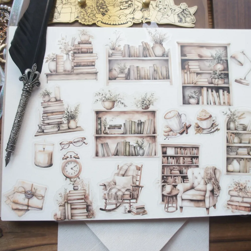 

18pcs Hand Drawn Color Library Bookshelf Sofa Design Building Sticker Scrapbooking DIY Gift Packing Decoration