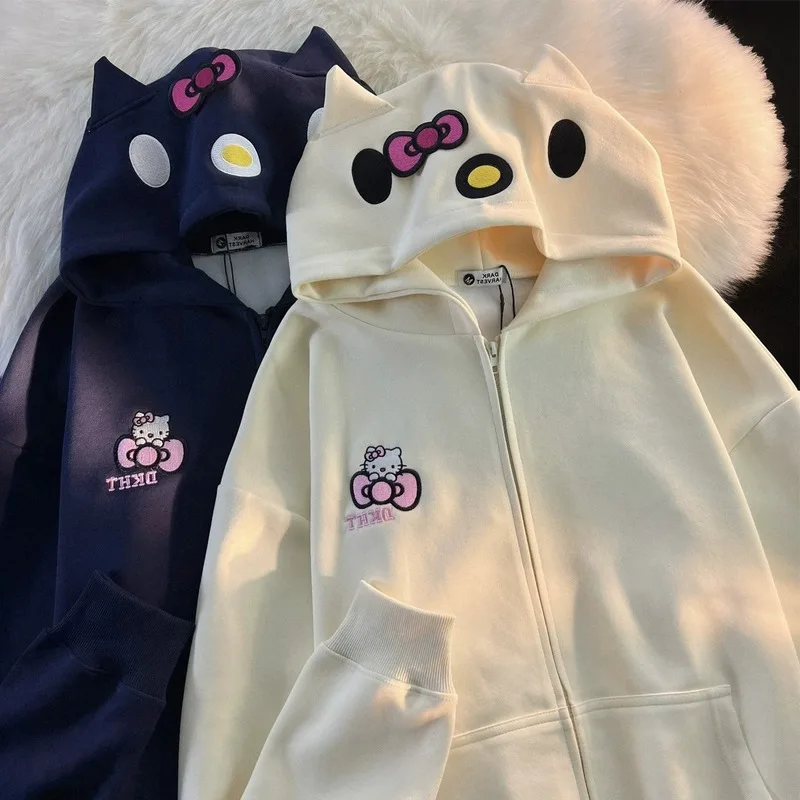 New Sanrio Hello Kitty wyszywany wzór bluzy z kapturem z kapturem Y2k damskie ładna bluza bawełniane płaszcz w za dużym rozmiarze