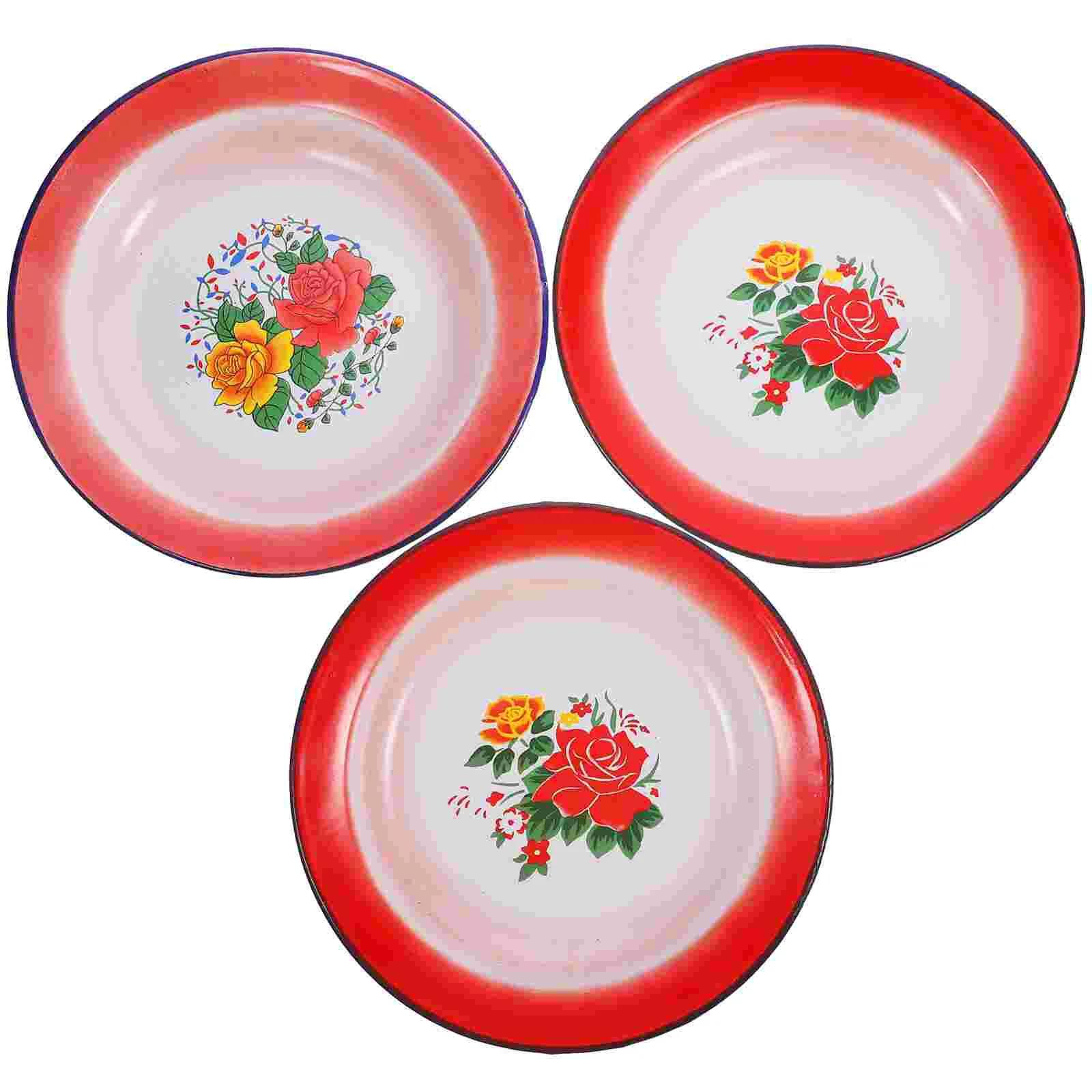 

3 Pcs Enamel Plate Home Tableware Dish Vintage Food Trays Serving Salad Iron Fruit Chinese Style