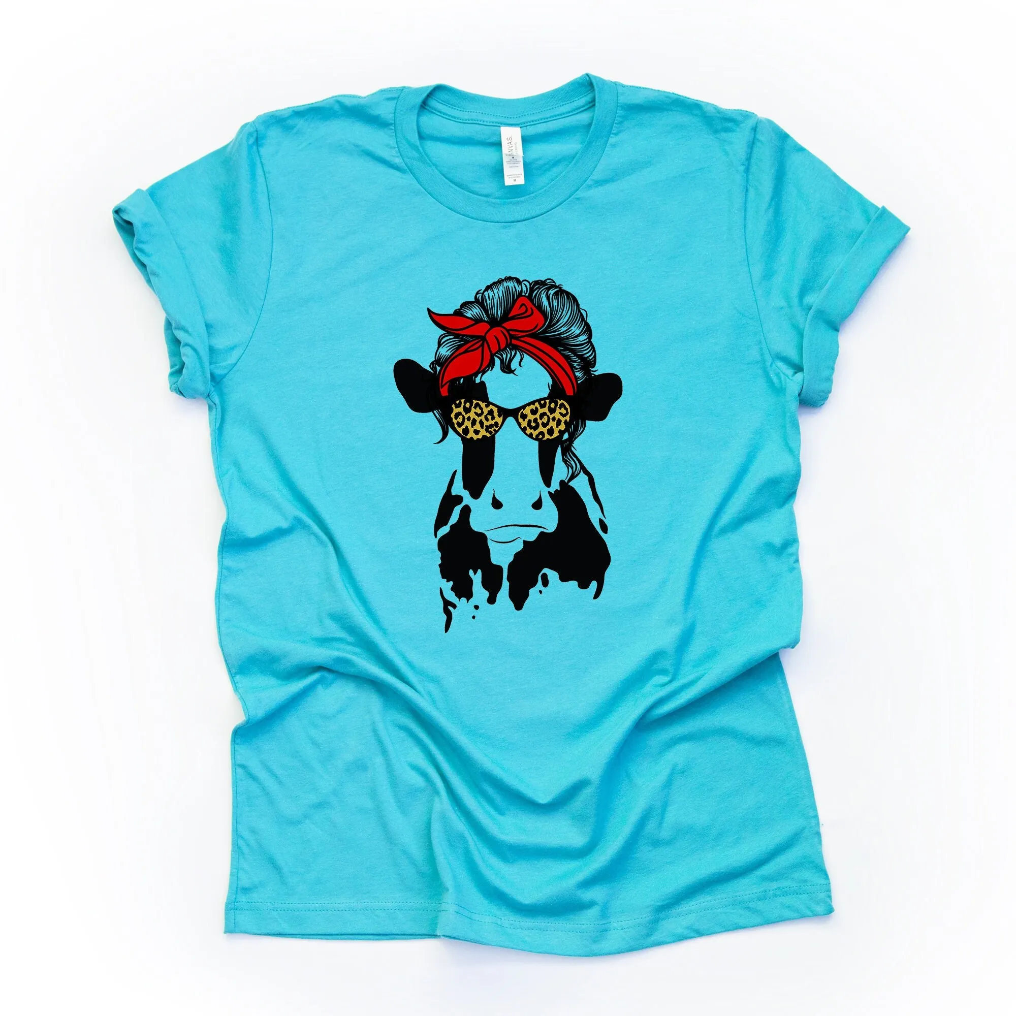 Super Cute Cow With Hair Bun And Red Bow Leopard Glasses Design Premium Bella Canvas Unisex Shirt 3 Color Choices Plus