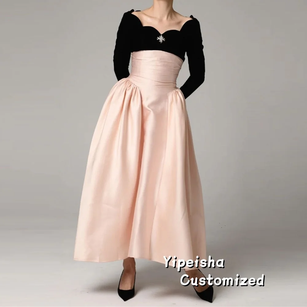 

Customized Pink Evening Dress High-End Affordable French Style High Sense Banquet Long Sleeves Tea Length Prom Dress