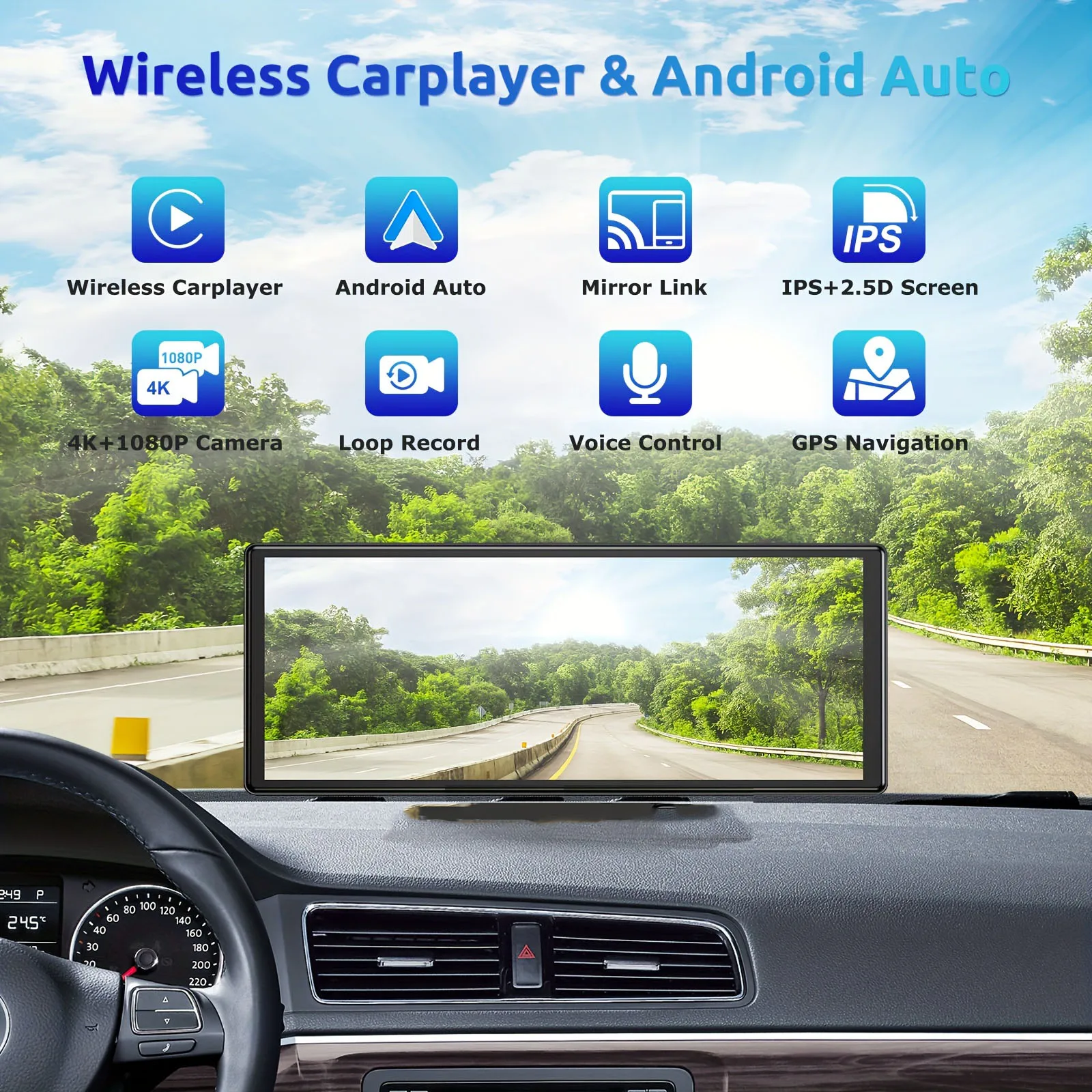 

Wireless Carplay Screen for Car, 10.26' Portable Car Stereo Radio Touch Screen