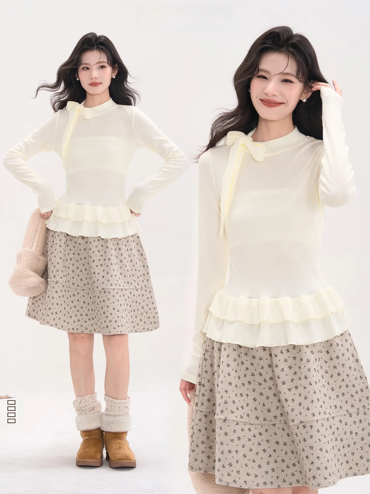 

Princ Sle Long Sve Cotton Blend T-irt Women's Base Layer Top with Skirt Belt Design by HuaTian Display