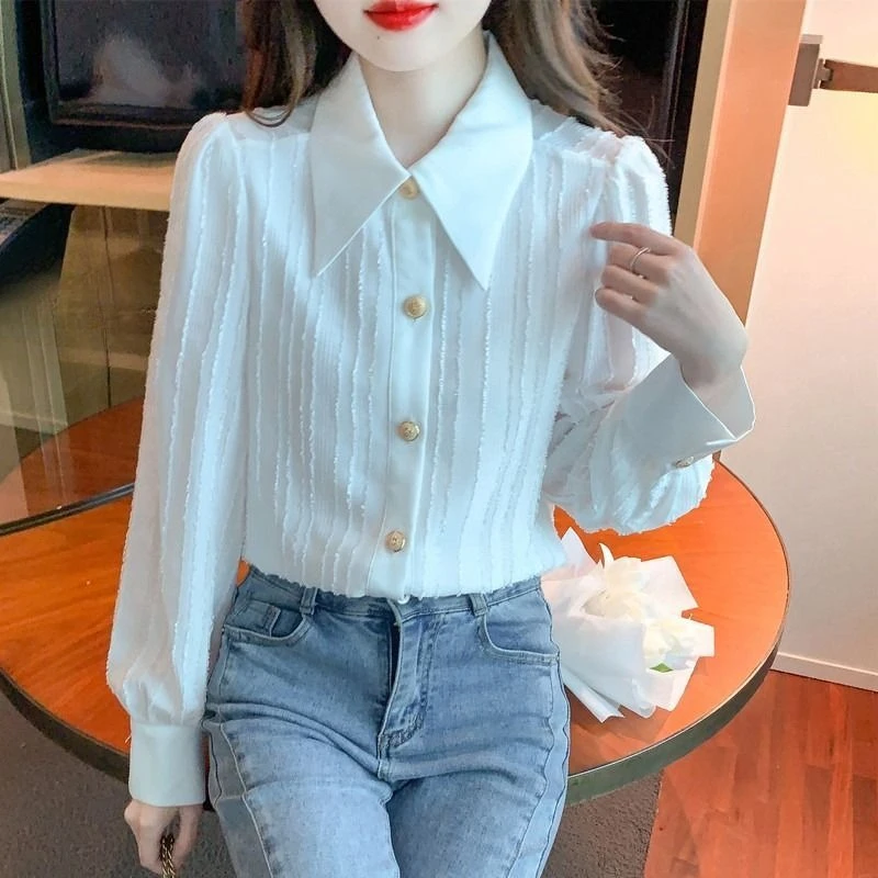 

Элегантная белая женская блузка 2026 года, новый стиль, с французским воротником, длинным рукавом, модный топ