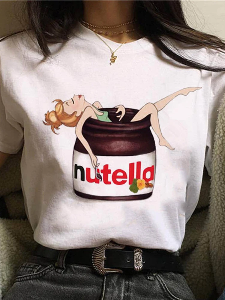 New Fashion Nutella Print T Shirt Women Harajuku Kawaii Cotton T-shirt Graphic Cute Cartoon O-Neck Tshirt Korean Style Top Tees