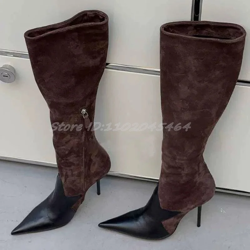 Suede Leather Pointed Toe Vintage Knee High Boots Women's Stilettos Zip Western Long Boot Big Size Luxury Designer Sexy Shoes