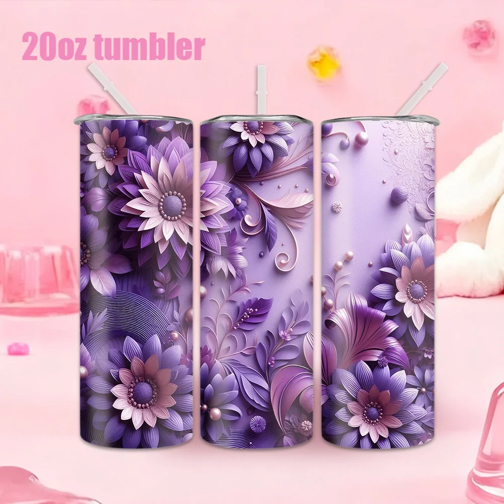 1 Stück Edelstahl-Wasserflasche/-Becher mit lila Blumenmuster und Strohhalm – 20oz (591ml)