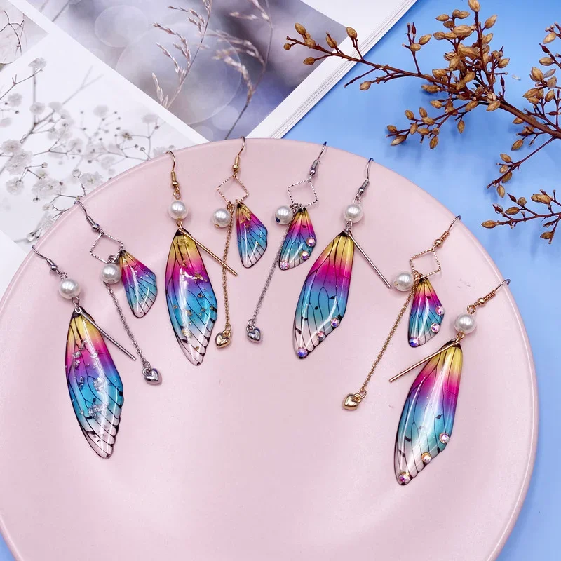 Temperament Fairy Long earrings Butterfly Wings Drop Earrings Dreamy Gradient Color Asymmetric Earrings Romantic Bridal Jewelry
