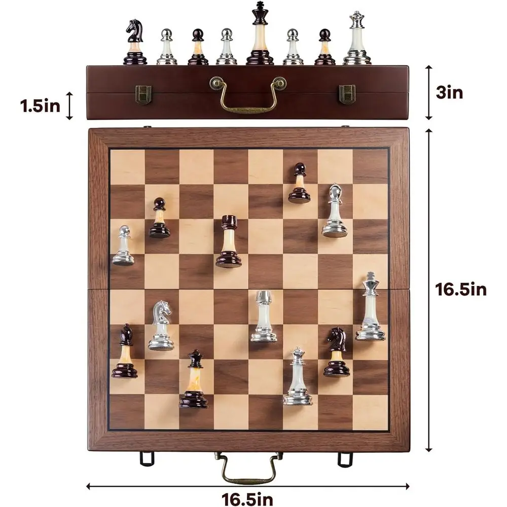 16.5 Folding Wooden Chess Set with 3.5 Acrylic Pieces, Storage and Handle for All Skill Levels